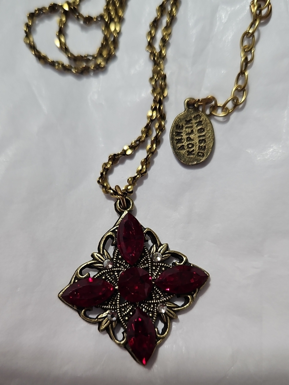 Anne Koplik Vintage-Style Gold Necklace with Red Gemstone